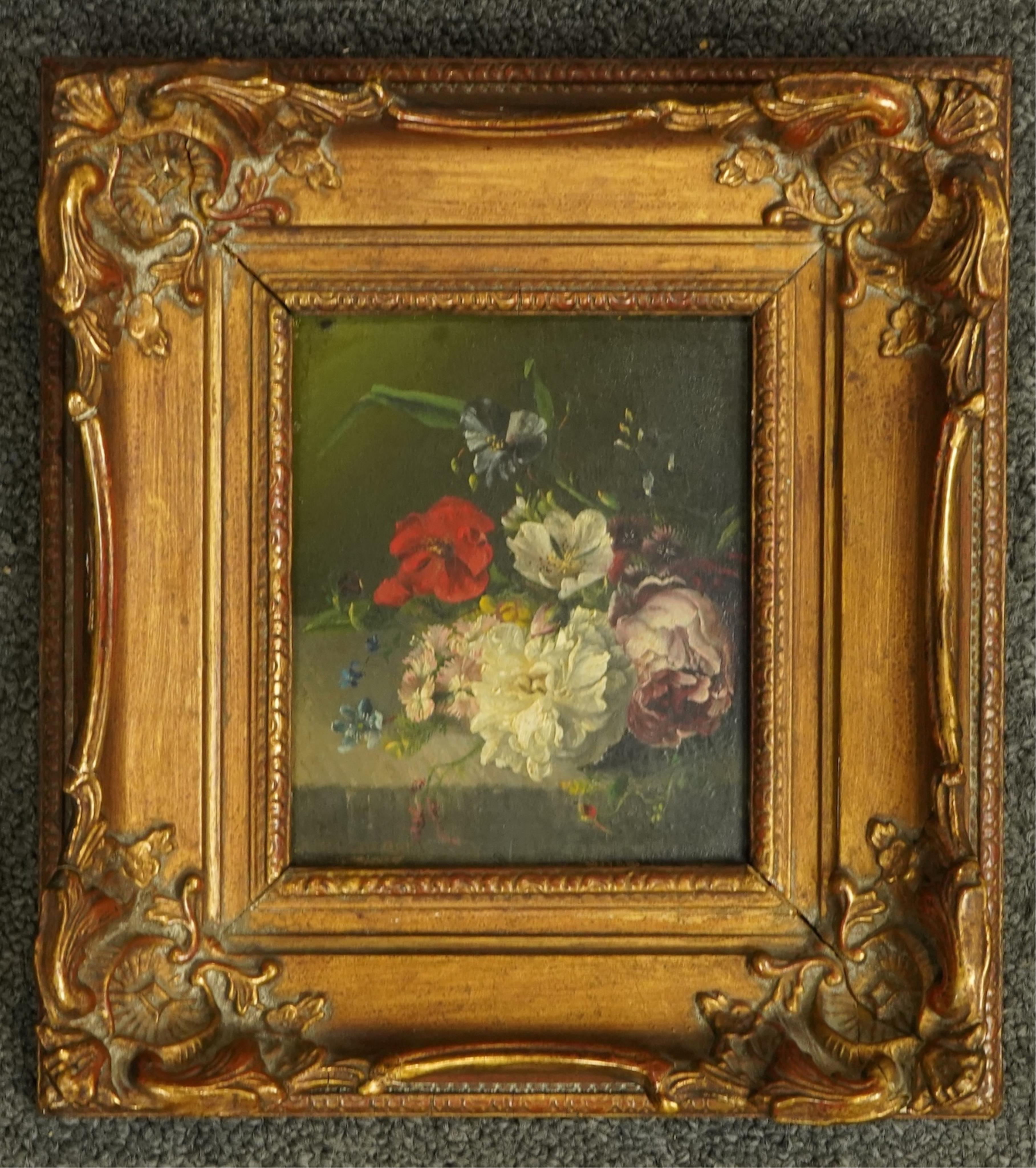 Dutch School c.1890 , Still life of flowers upon a ledge, oil on wooden panel, 12 x 10cm